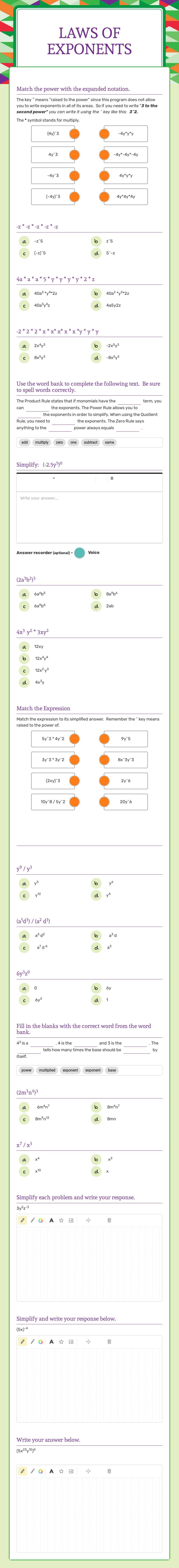 Laws of Exponents Grade 7 worksheet preview