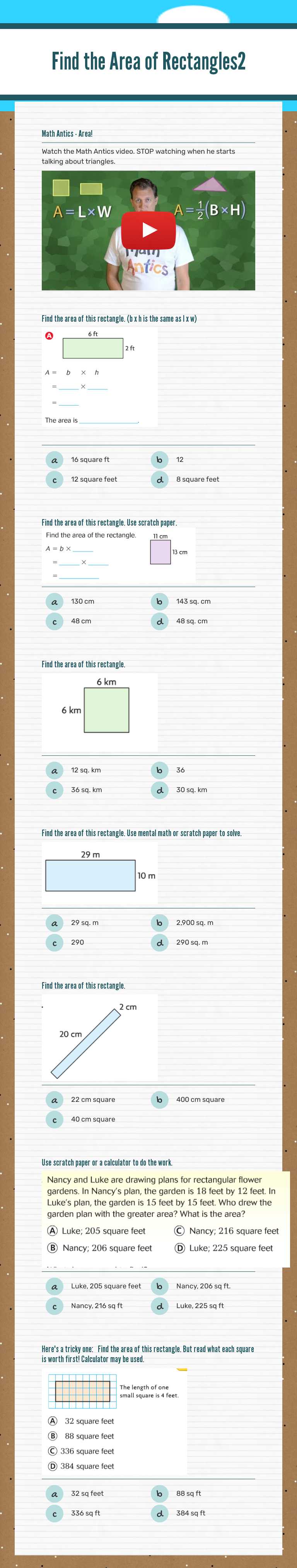 Find the Area of Rectangles2 worksheet preview image