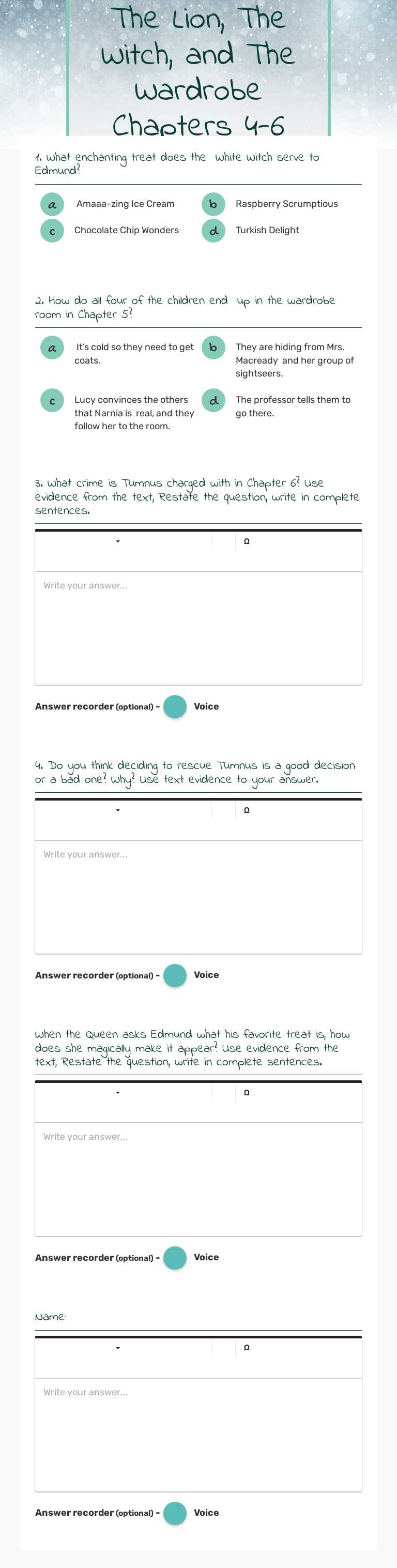 The Lion, The Witch, and The Wardrobe Chapters 4-6 worksheet preview image
