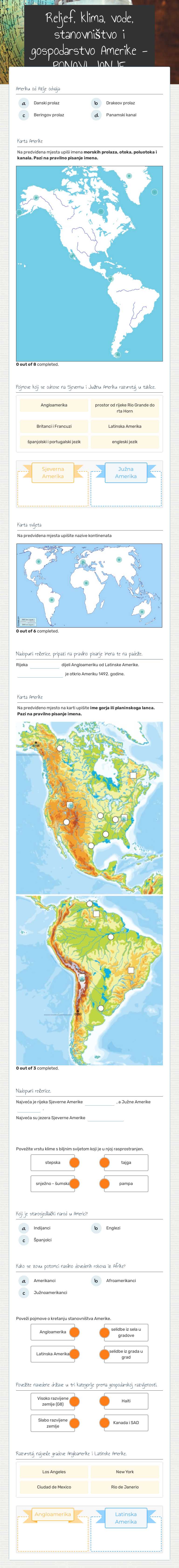 Reljef, klima, vode, stanovništvo i gospodarstvo Amerike  - PONAVLJANJE worksheet preview image