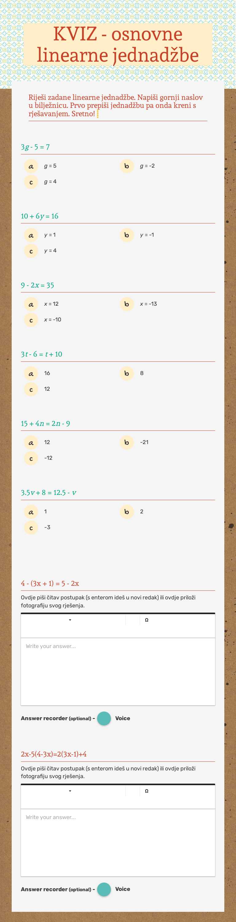 KVIZ - osnovne linearne jednadžbe worksheet preview image