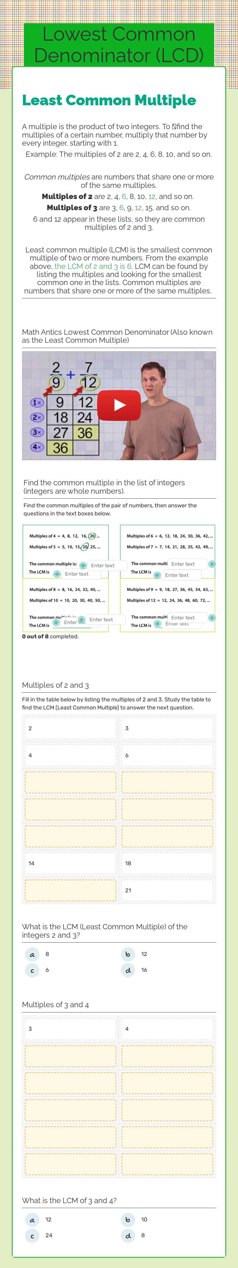 Lowest Common Denominator (LCD) worksheet preview image