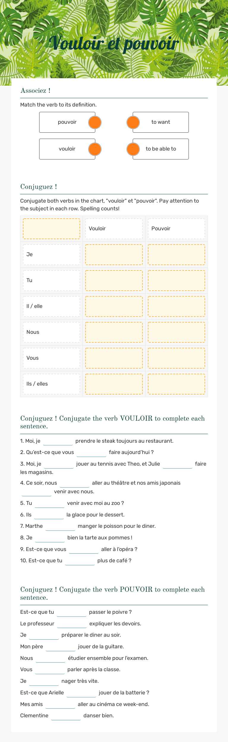 Vouloir et pouvoir Grade 8 worksheet preview