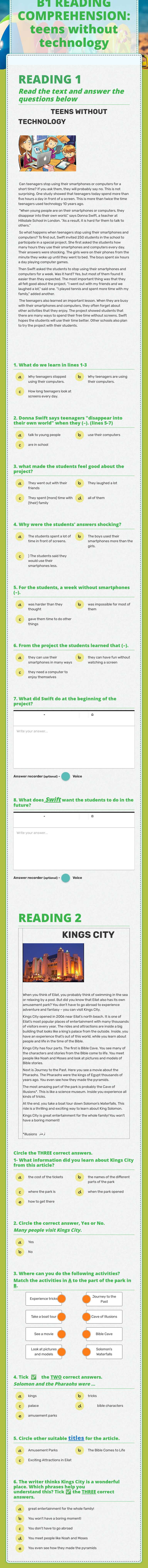 B1 READING COMPREHENSION: teens without technology worksheet preview image