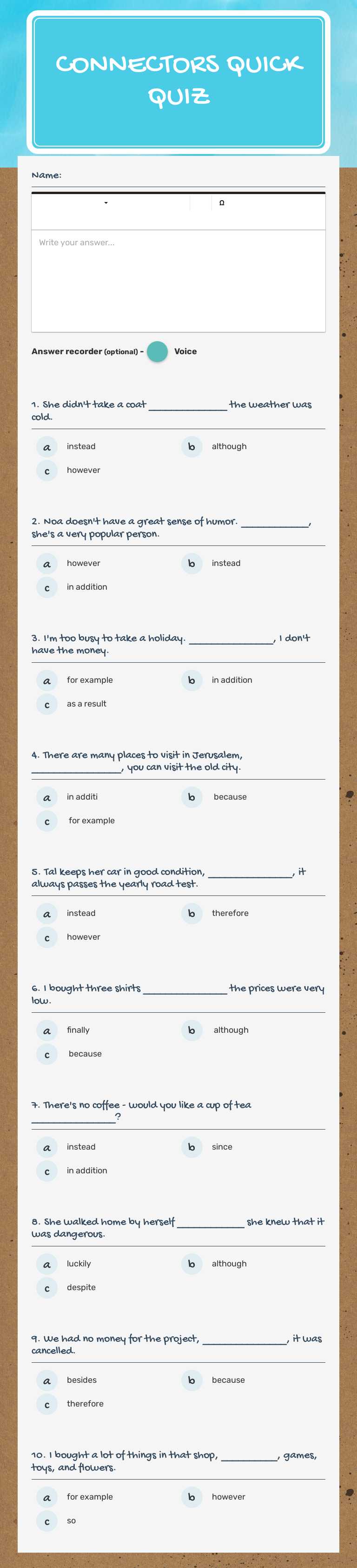 connectors
quick quiz Grade 10 worksheet preview
