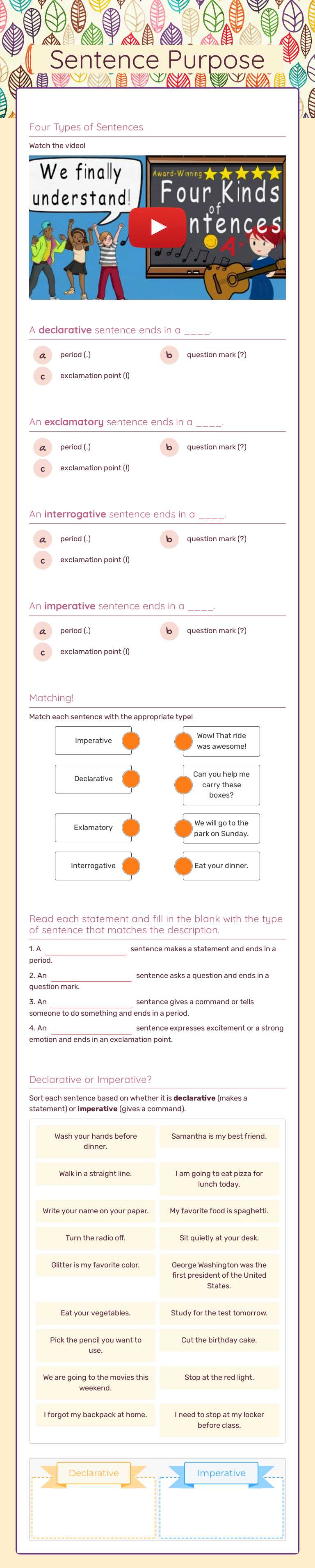 Sentence Purpose worksheet preview image