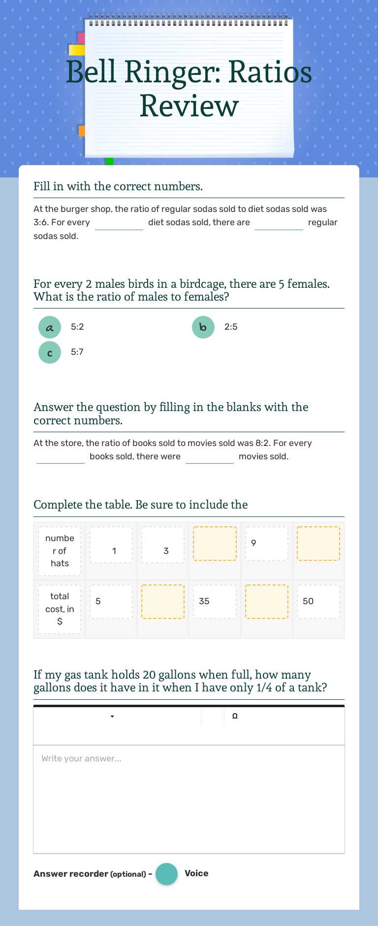 Bell Ringer: Ratios Review worksheet preview image