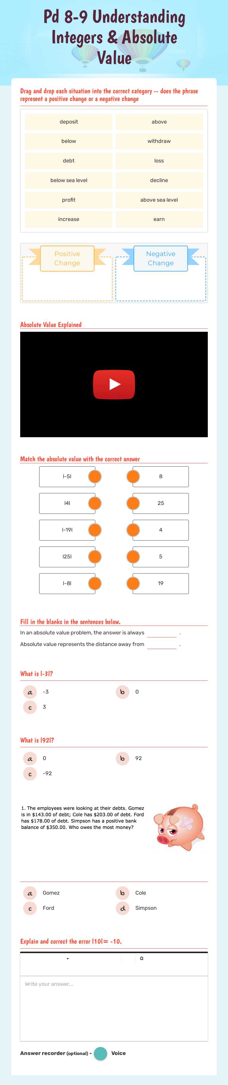 Pd 8-9 Understanding Integers & Absolute Value Grade 6 worksheet preview