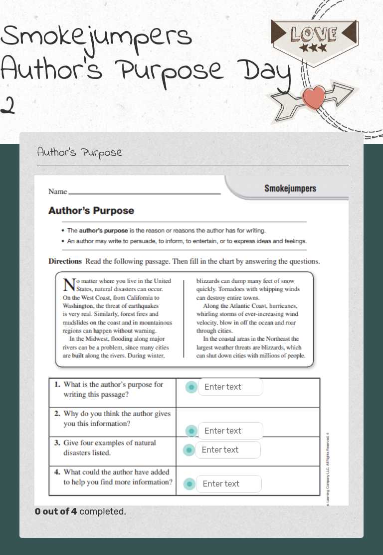 Smokejumpers Author's Purpose Day 2 worksheet preview image