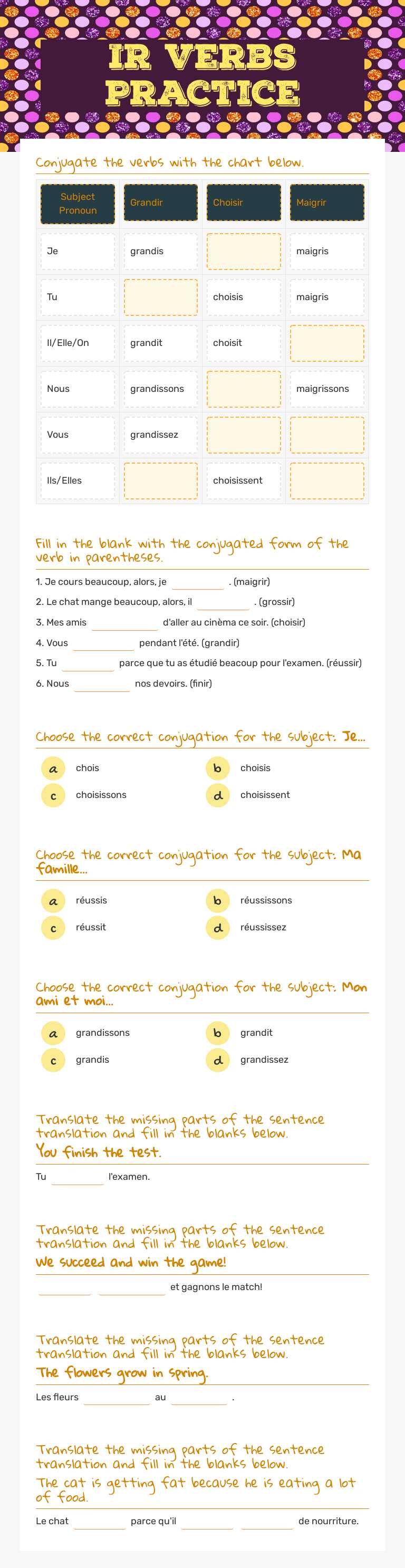 IR Verbs Practice Grade 8 worksheet preview