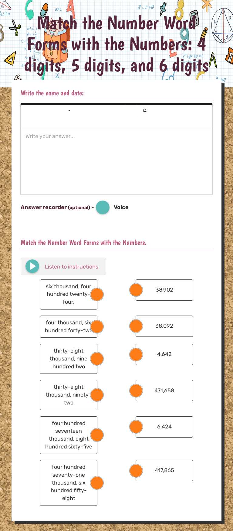 Match the Number Word Forms with the Numbers:  4 digits, 5 digits, and 6 digits worksheet preview image