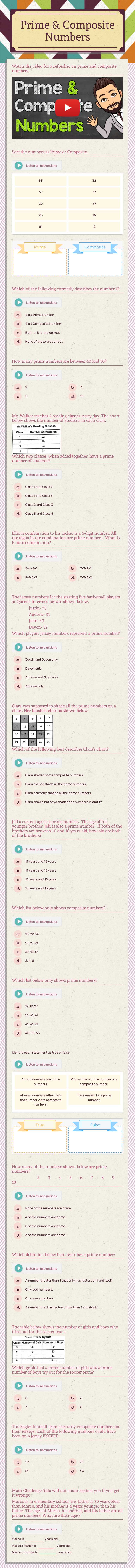 Prime & Composite Numbers worksheet preview image