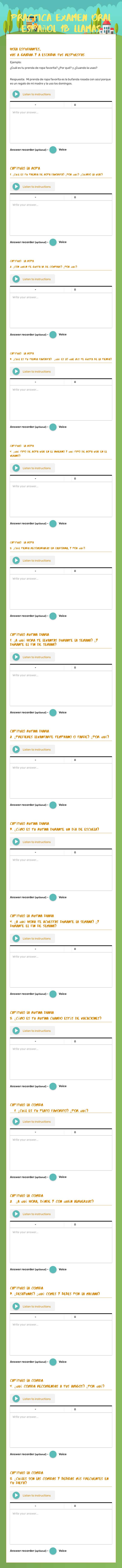 Practica Examen oral español 1B Llamas worksheet preview image