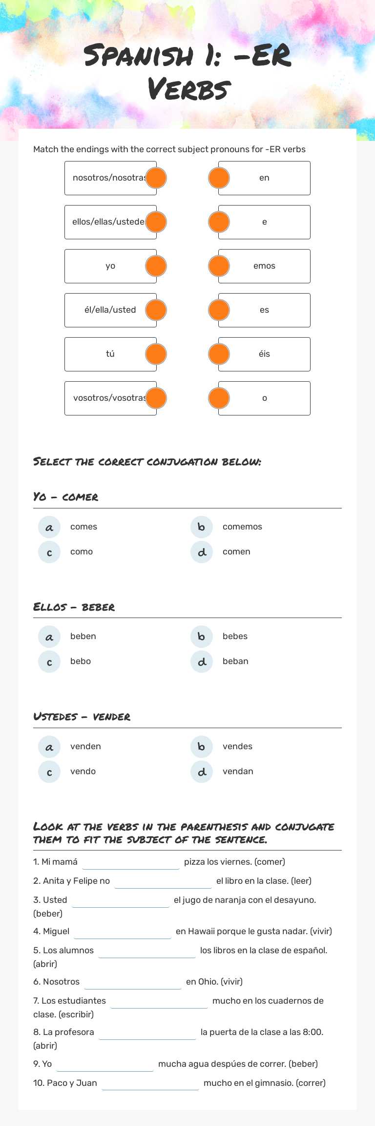 Spanish 1: -ER Verbs worksheet preview image
