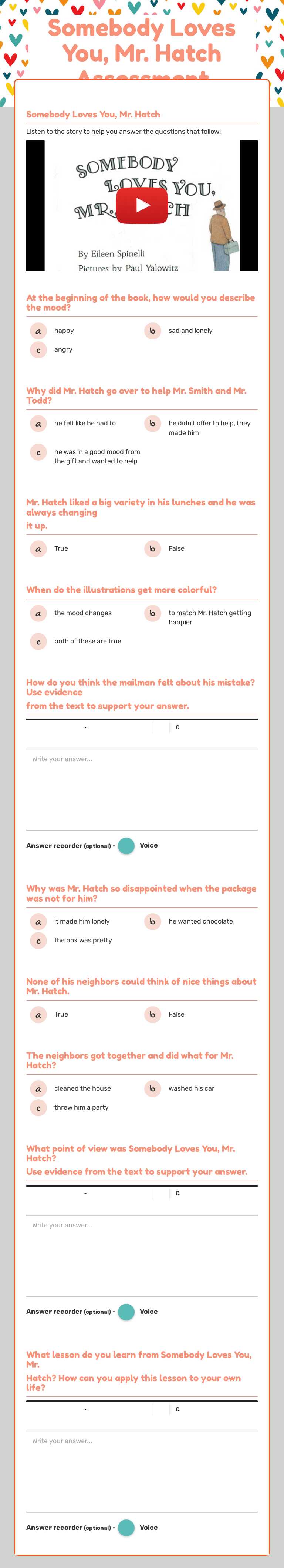 Somebody Loves You,        
 Mr. Hatch Assessment Grade 3 worksheet preview