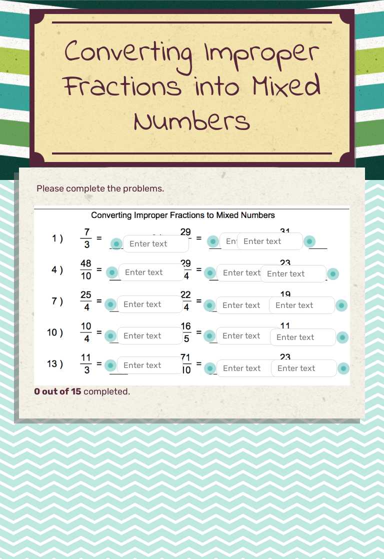 Converting Improper Fractions into Mixed Numbers Grade 5 worksheet preview