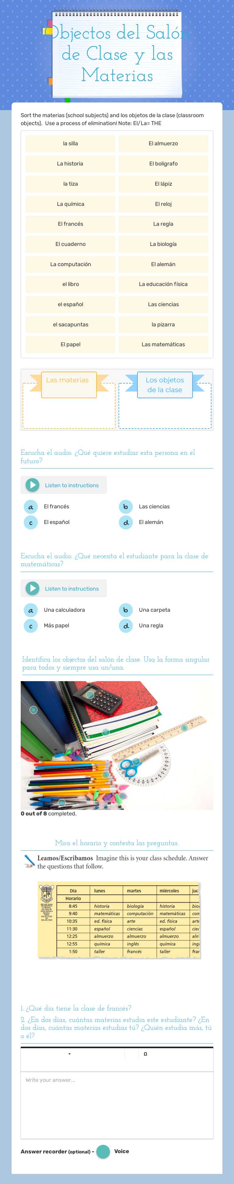 Objectos del Salón de Clase y las Materias worksheet preview image