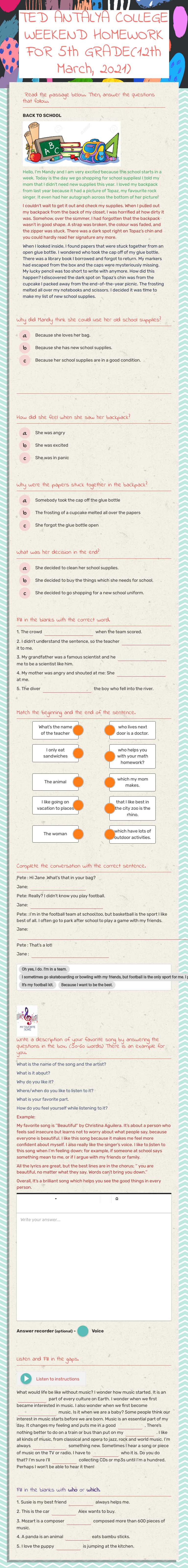 TED ANTALYA COLLEGE
WEEKEND HOMEWORK FOR 5th GRADE(12th March, 2021) worksheet preview image