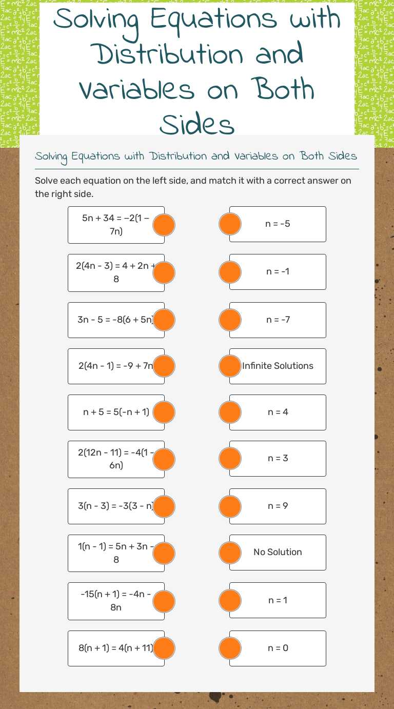 Solving Equations with Distribution and Variables on Both Sides Grade 10 worksheet preview