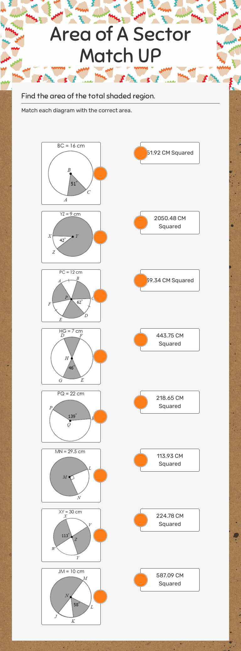 Area of A Sector Match UP worksheet preview image