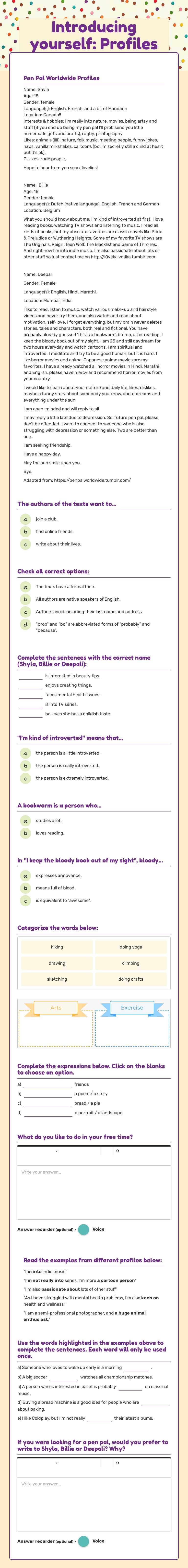 Introducing yourself: Profiles Grade 10 worksheet preview