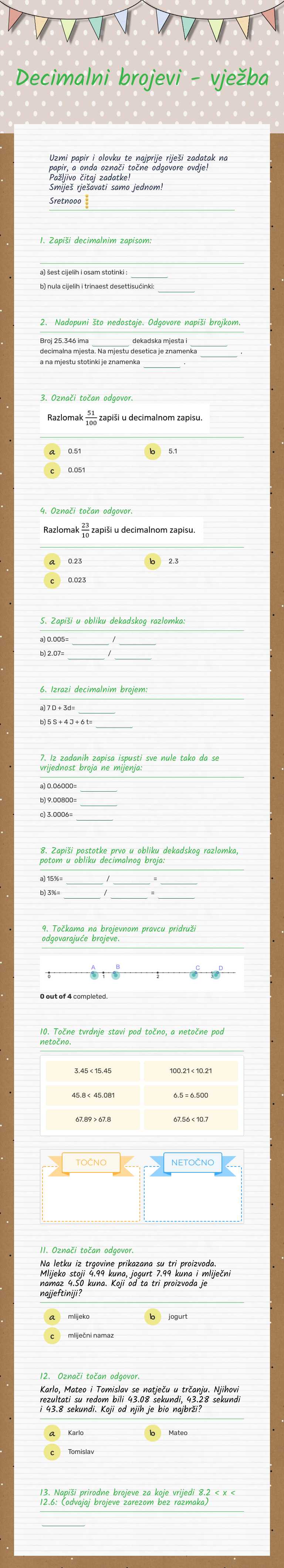 Decimalni brojevi - vježba Grade 5 worksheet preview