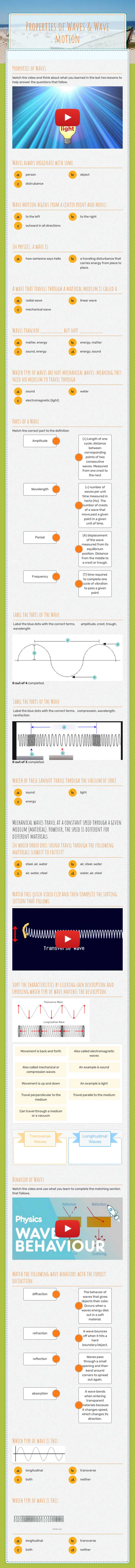 Properties of Waves & Wave motion worksheet preview image