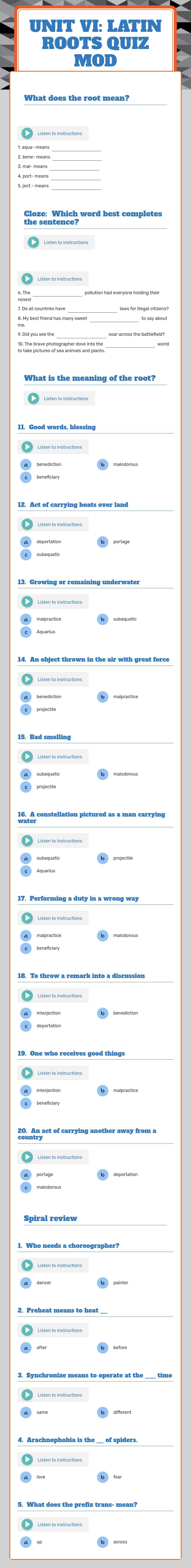 Unit VI: Latin Roots Quiz MOD Grade 4 worksheet preview