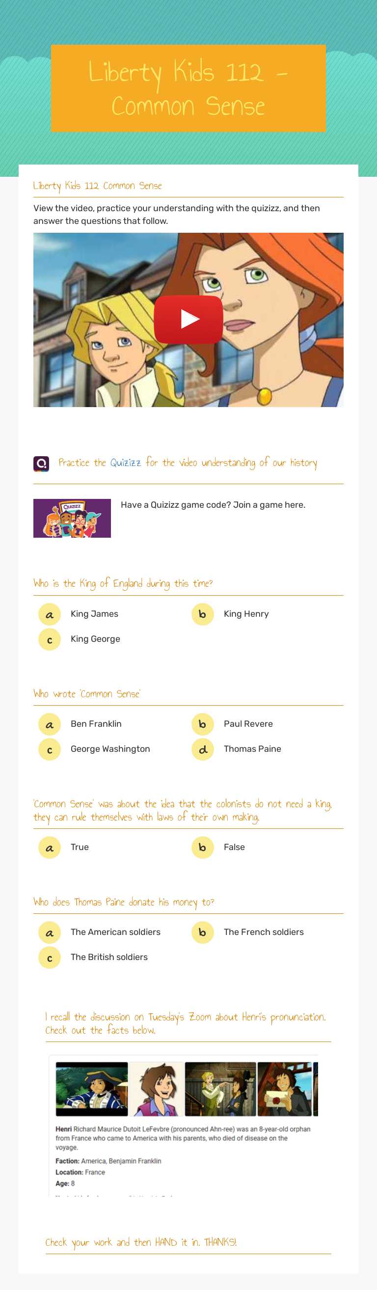 Liberty Kids 112 - Common Sense worksheet preview image
