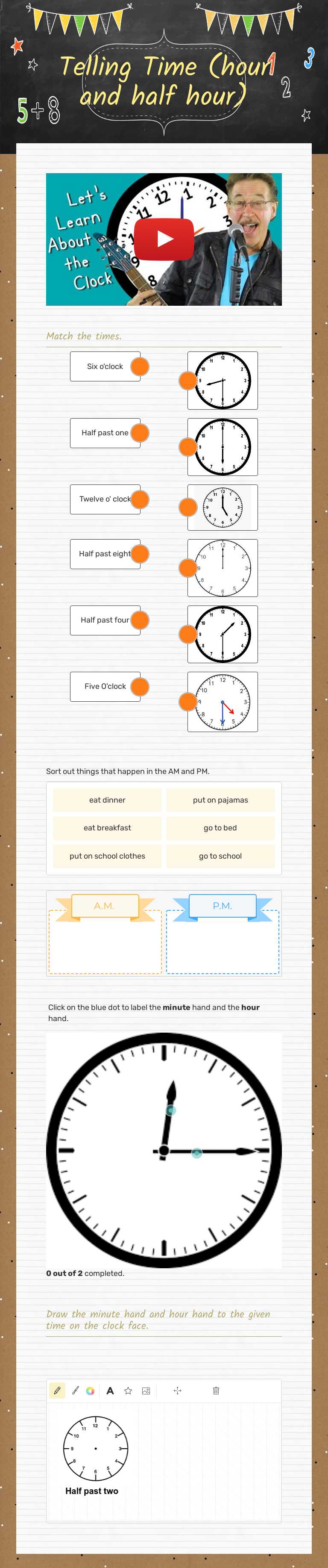Telling Time (hour and half hour) worksheet preview image
