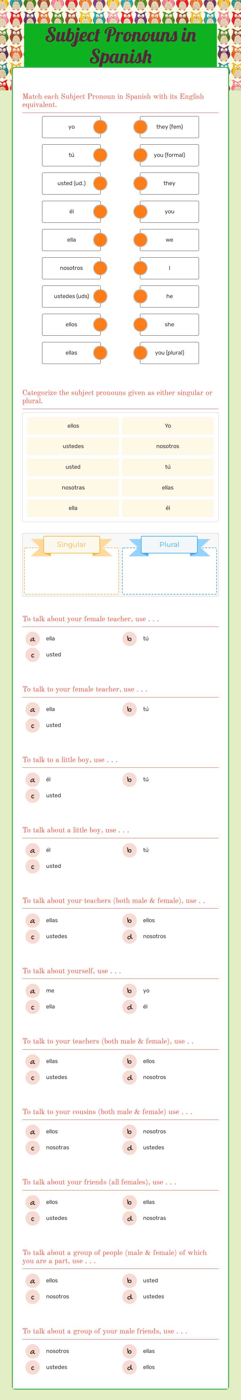 Subject Pronouns in Spanish worksheet preview image