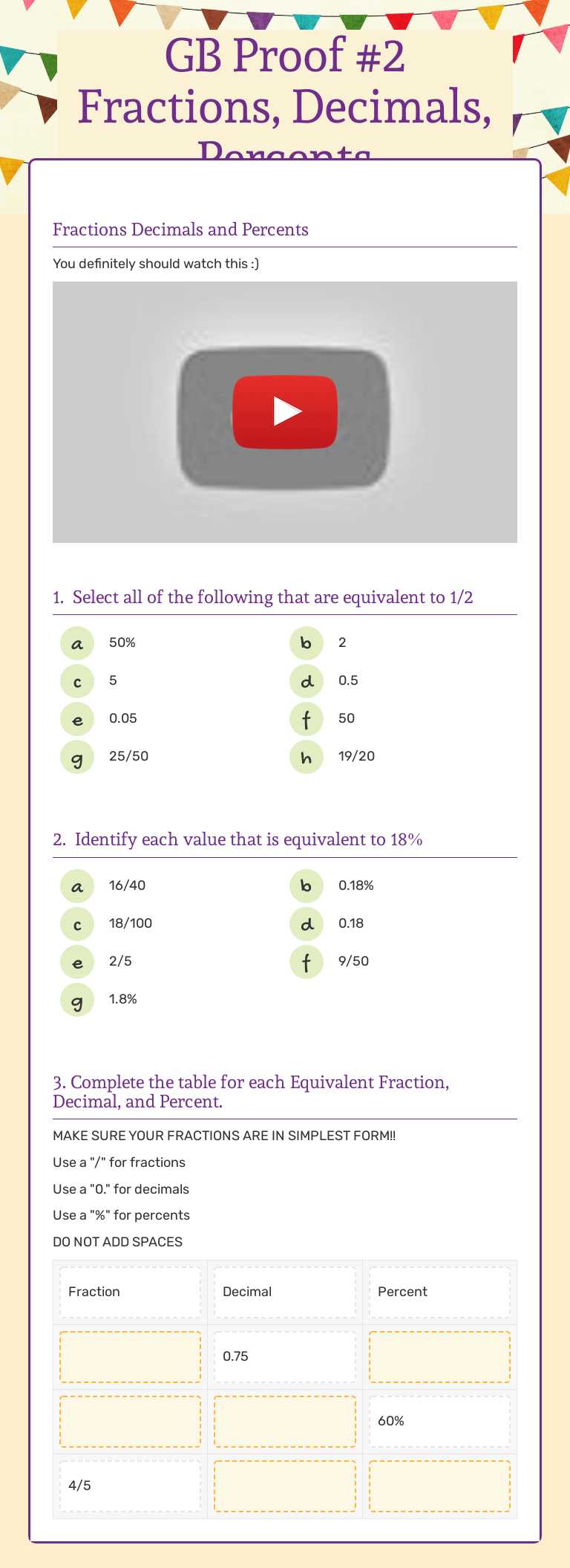 GB Proof #2 Fractions, Decimals, Percents worksheet preview image