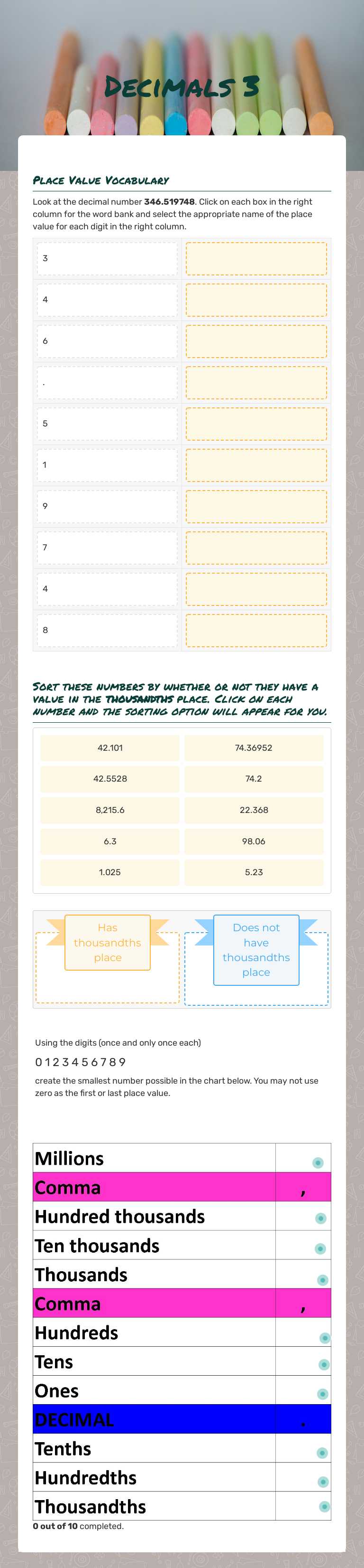 Decimals 3 worksheet preview image