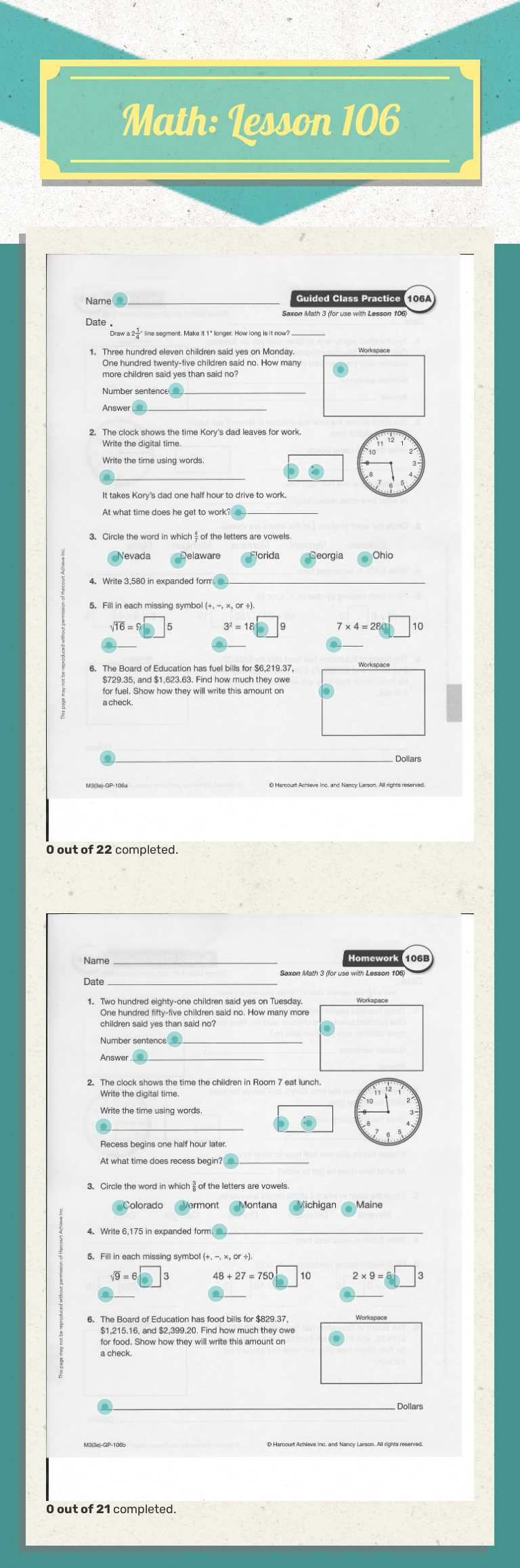 Math:  Lesson 106 worksheet preview image