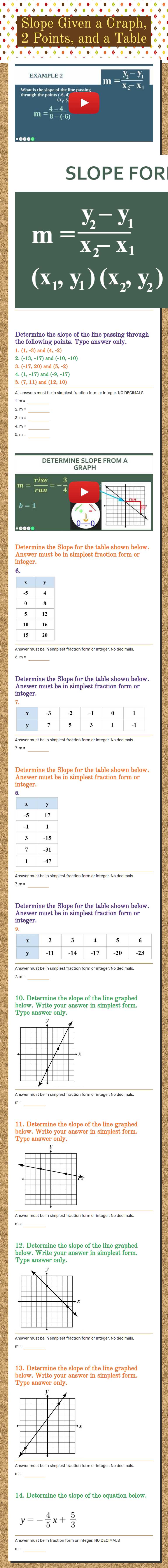 Slope Given a Graph, 2 Points, and a Table worksheet preview image