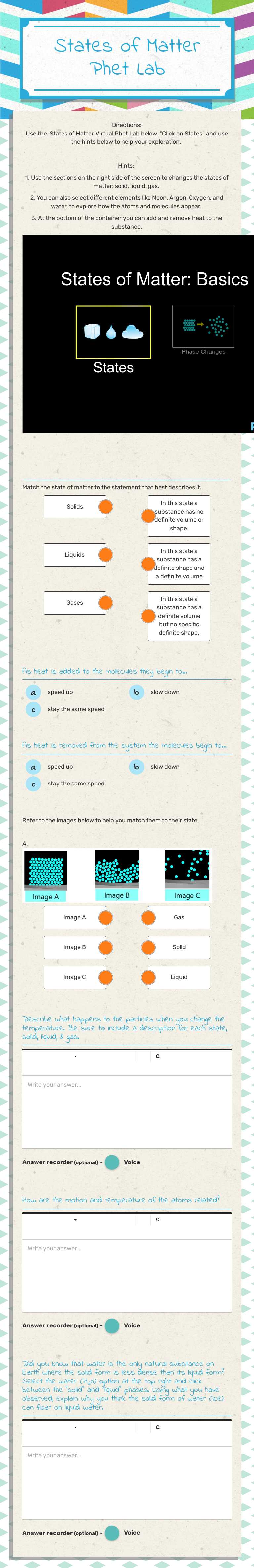 States of Matter Phet Lab worksheet preview image