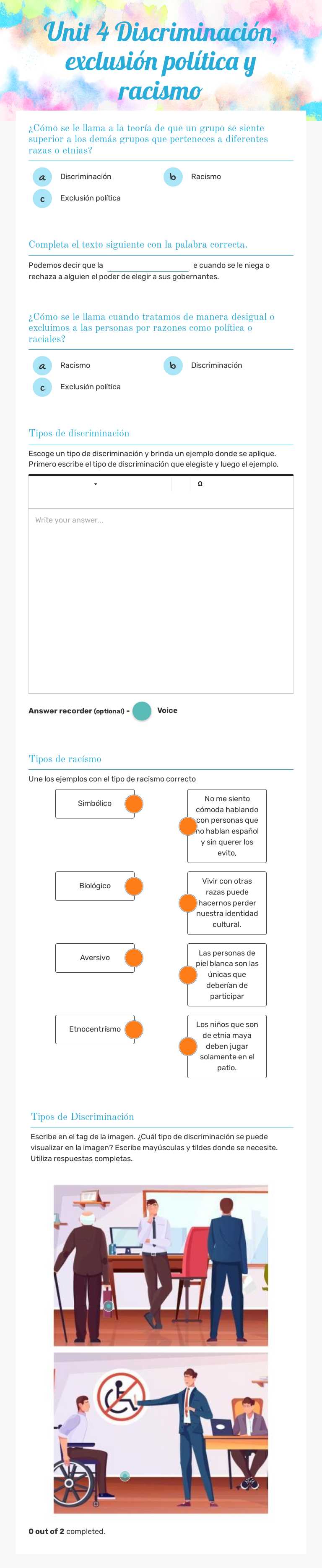 Unit 4 Discriminación, exclusión política y racismo worksheet preview image