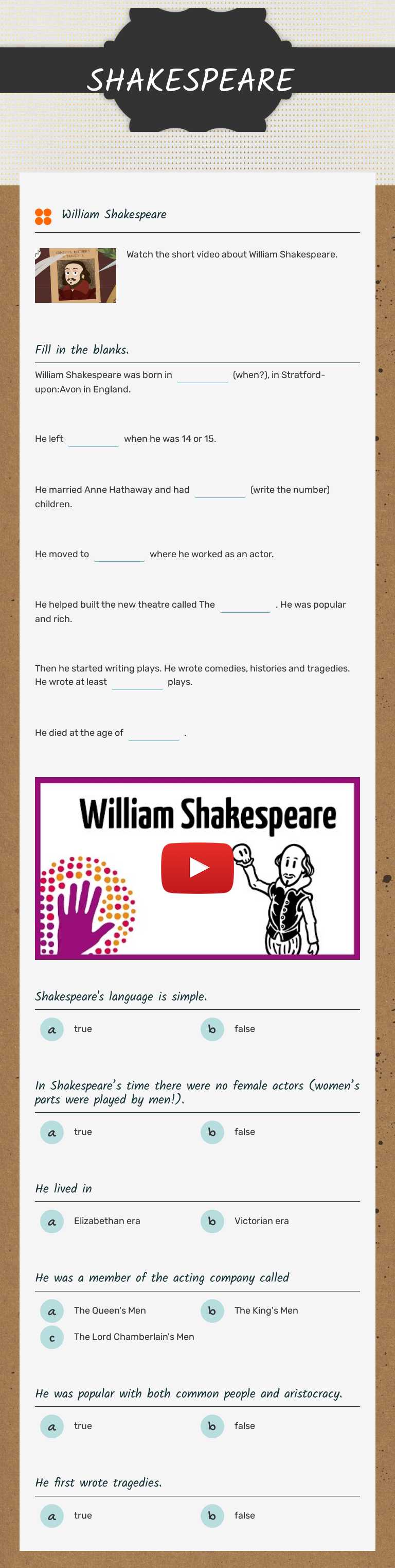 SHAKESPEARE worksheet preview image
