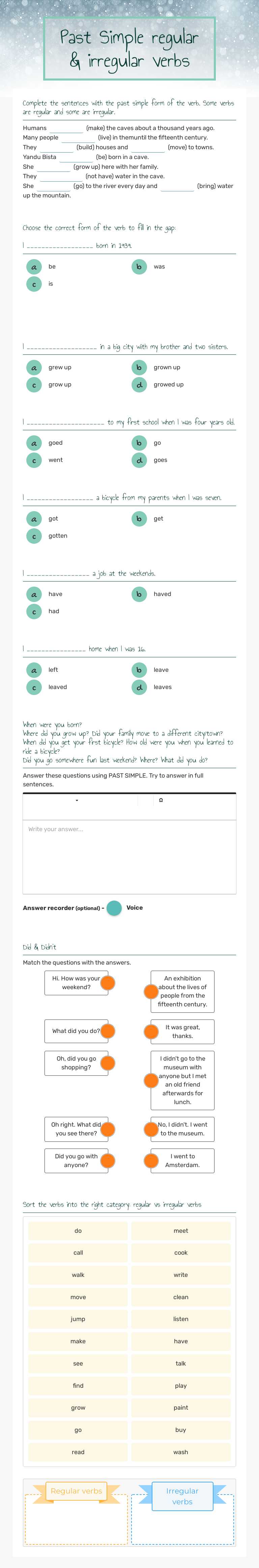 Past Simple regular & irregular verbs worksheet preview image