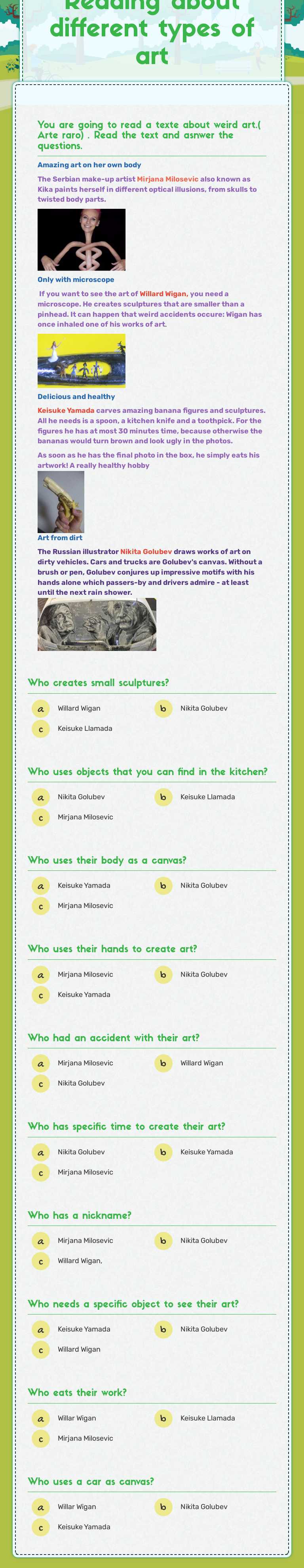 Reading about different types of art worksheet preview image
