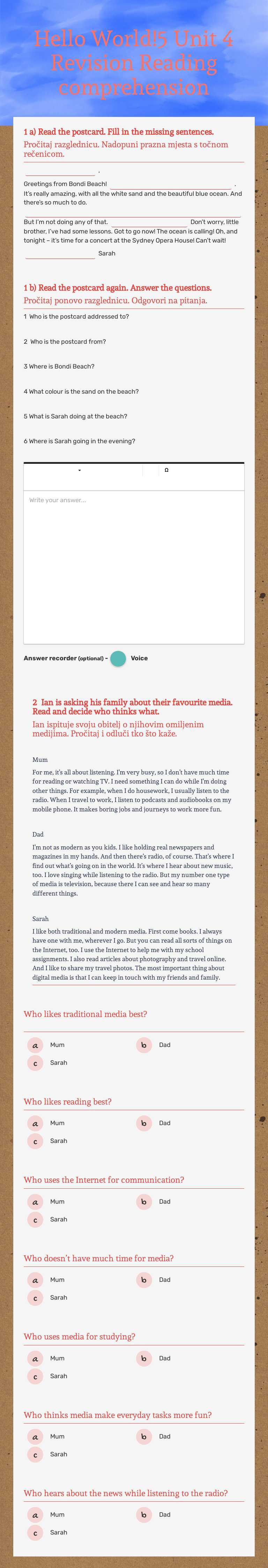 Hello World!5 
Unit 4 Revision 
Reading comprehension worksheet preview image