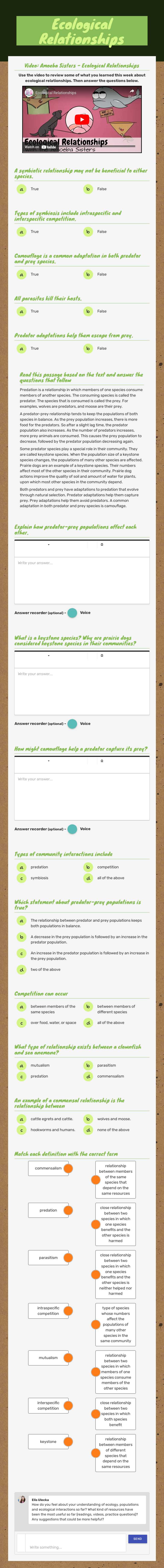 Ecological Relationships worksheet preview image