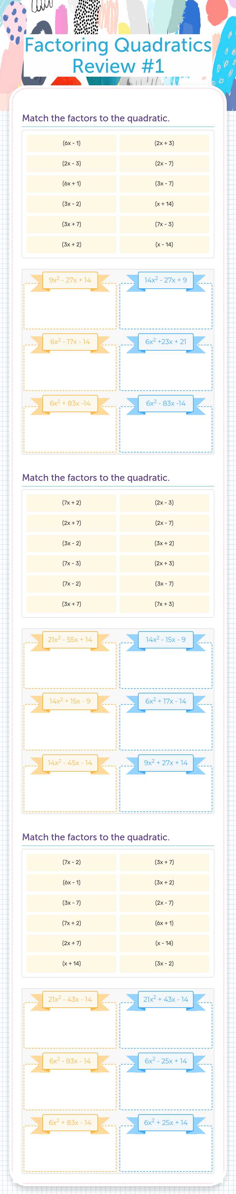 Factoring Quadratics Review #1 worksheet preview image