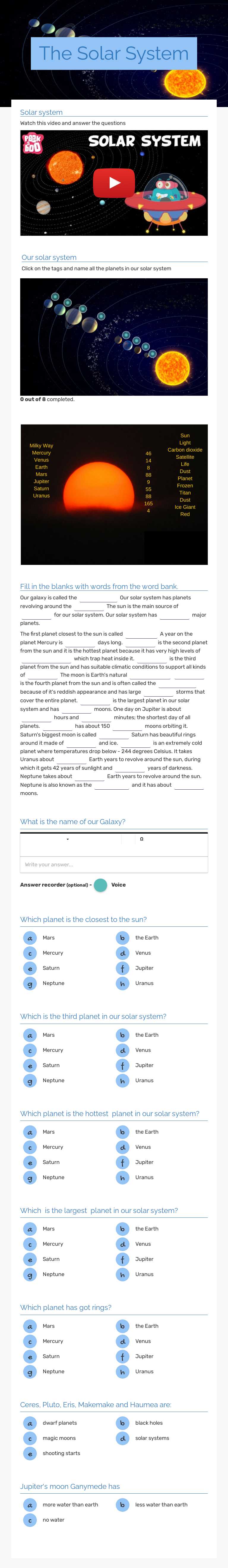 The Solar System worksheet preview image