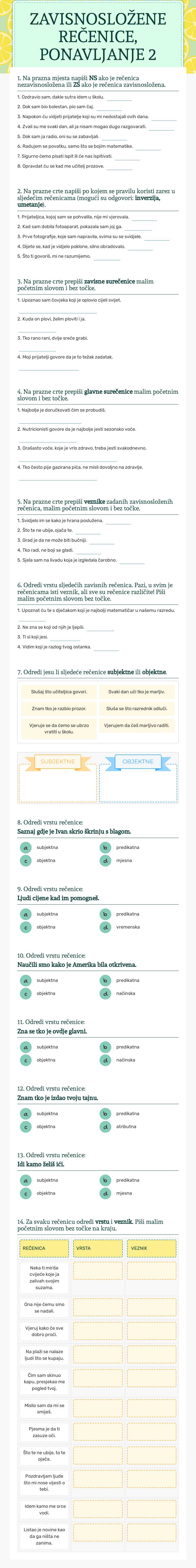 ZAVISNOSLOŽENE REČENICE, PONAVLJANJE 2 worksheet preview image