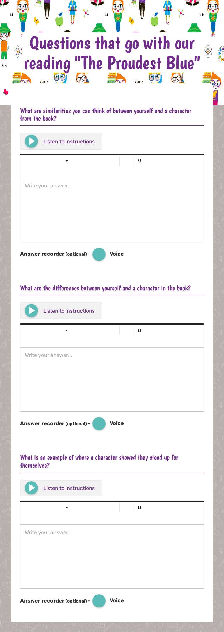 Questions that go with our reading "The Proudest Blue" worksheet preview image