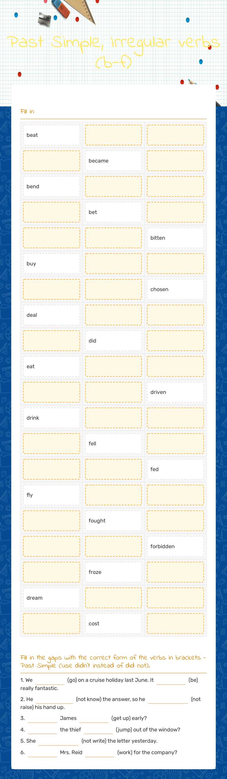 Past Simple, Irregular verbs (b-f) worksheet preview image