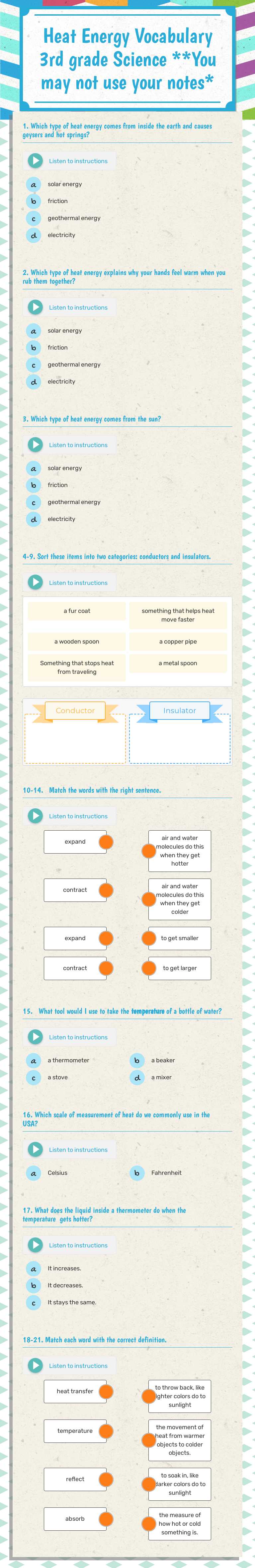 Heat Energy Vocabulary
3rd grade Science
**You may not use your notes* Grade 3 worksheet preview