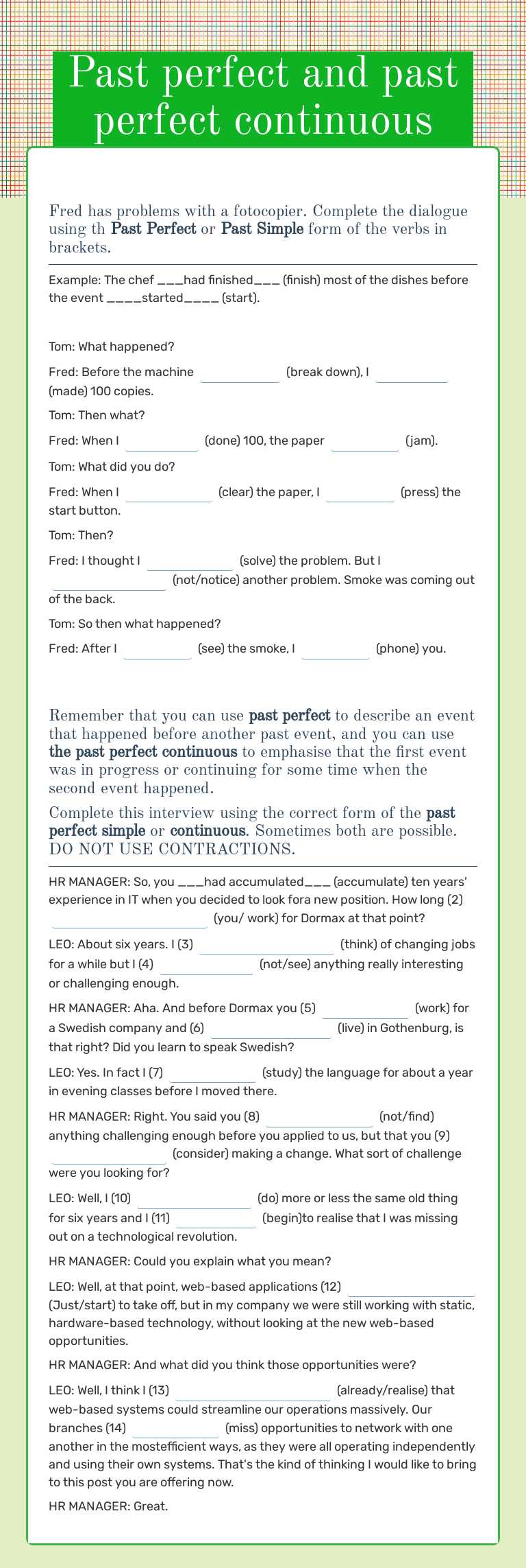 Past perfect and past perfect continuous Other worksheet preview