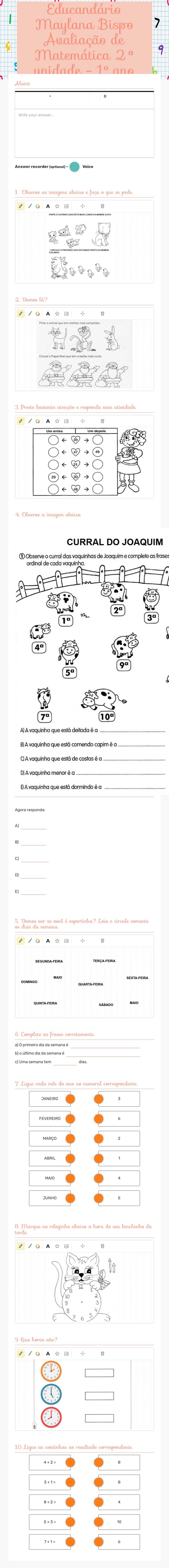 Educandário Maylana Bispo Avaliação de Matemática   2ª unidade - 1º ano worksheet preview image